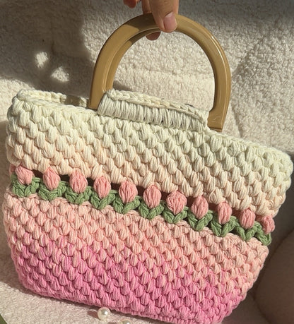 Crochet Gradient Pink/Purple tulip Tote bag, handmade flower tote bag, Cute knit tulip bag, handmade gift