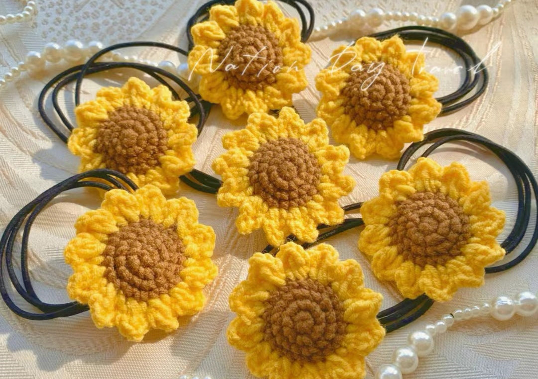 Crochet Sunflower Hair Ties Pattern, floral hair band Pattern, messy bun hair tie Pattern, sunflower hair pins Pattern
