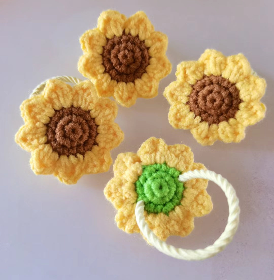 Crochet Mini Sunflower Hair Tie, Crochet Sunflower Hair Tie Pattern, floral hair band Pattern, messy bun hair tie Pattern, Crochet hair accessory, Crochet pattern and video tutorial