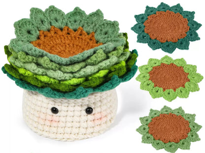 DIY Plant Coaster pot kit, DIY Crochet Kit Colorful Coaster Set Material Package Tools Pattern Instruction Crocheted Tutorial in English, Knitted Cup Mat Potted Plants kit