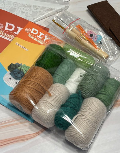 DIY Plant Coaster pot kit, DIY Crochet Kit Colorful Coaster Set Material Package Tools Pattern Instruction Crocheted Tutorial in English, Knitted Cup Mat Potted Plants kit