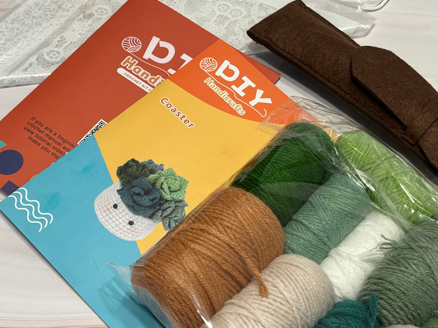 DIY Plant Coaster pot kit, DIY Crochet Kit Colorful Coaster Set Material Package Tools Pattern Instruction Crocheted Tutorial in English, Knitted Cup Mat Potted Plants kit