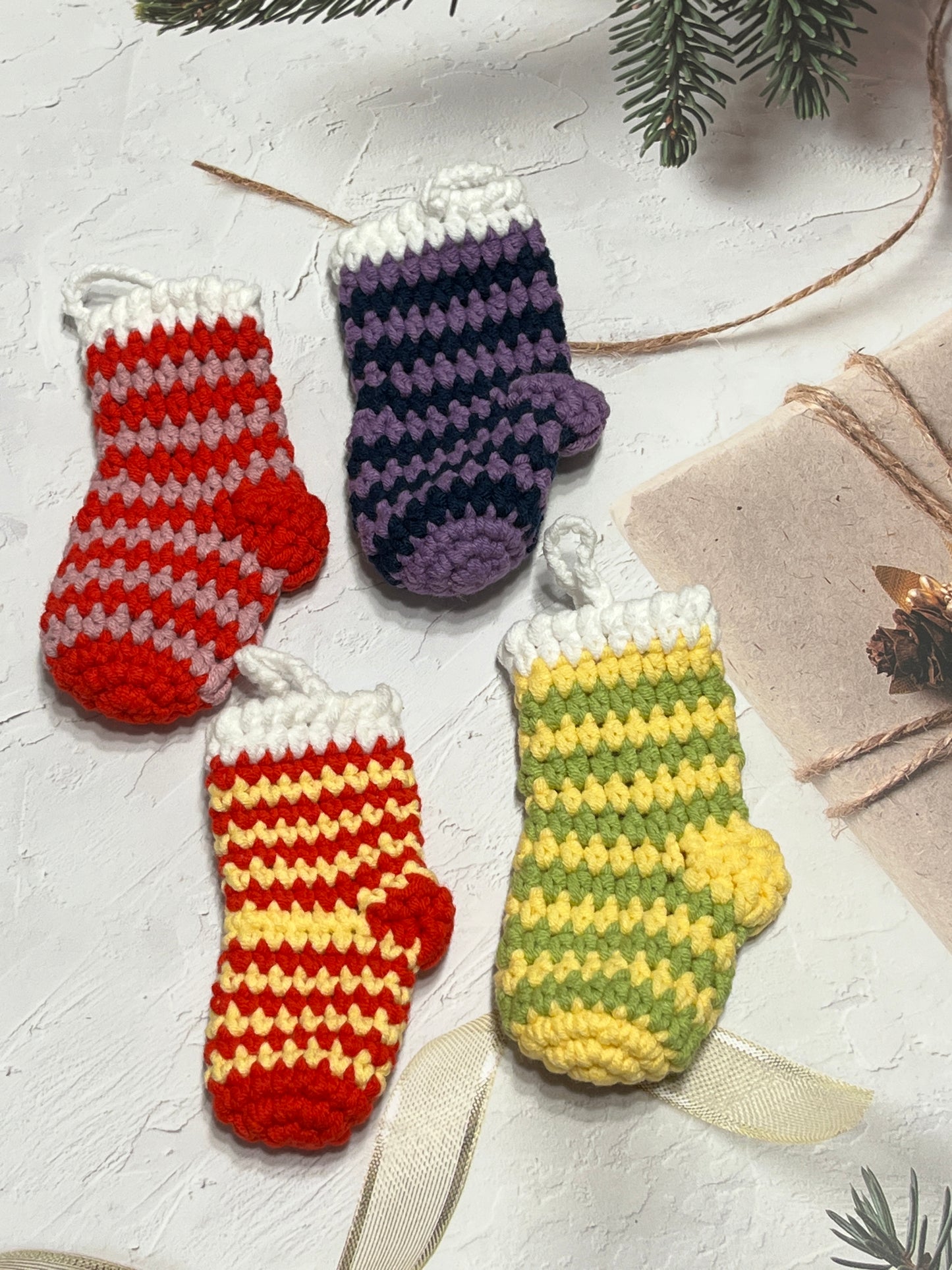 Mini Crochet Christmas Stocking set, Handmade Christmas hanging decor, Crochet decor